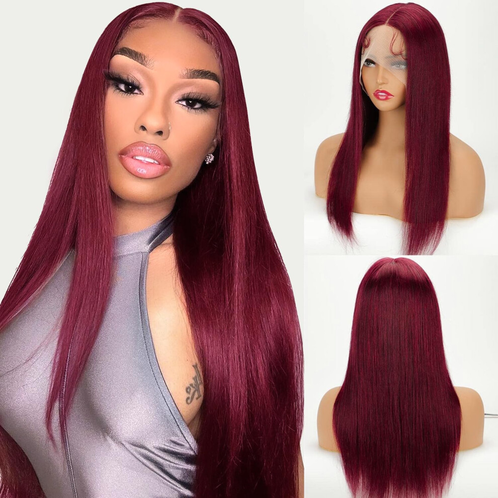 Unisex Red 99J Burgundy Human Hair Lace Front Wig Long Straight 150 Density PreâPlucked Hairline