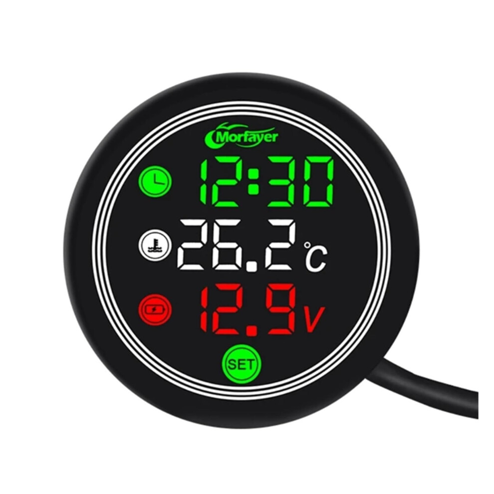 Motorcycle Voltmeter With Led 3In1 Clock Thermometer, Ip67 Waterproof For Car Boat (Silver) Silver 9070919835247