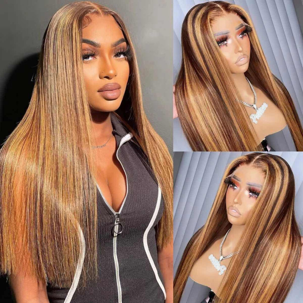 Unisex Rulinda 13X4 Hd Transparent Lace Front Wig 20Inch Highlight Straight Brazilian Virgin Human Hair Wig Pre Plucked With Baby Hair