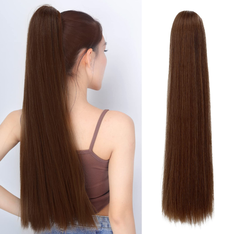 Ponytail Extension 22 Inch Light Brown Synthetic Hair Piece with Drawstring Fit and Natural Look
