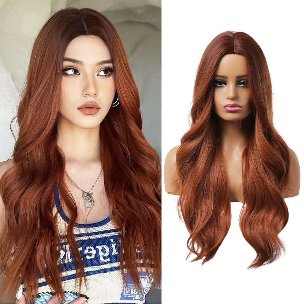 Unisex Red Long Auburn Wavy Wig For Women 26 Inch Copper Synthetic Hair With Middle Part, Heat Resistant Natural Look