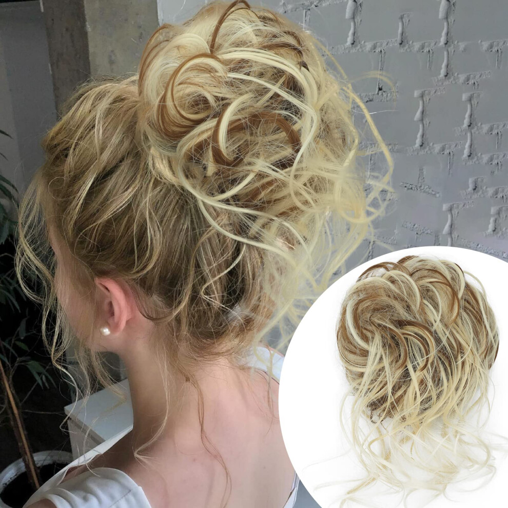 Unisex Brown Messy Hair Bun Hairpiece Ponytail Extension For Women, Long Wavy Tousled Updo In Dark Blonde