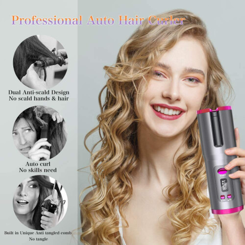 Cordless Automatic Hair Curler with Ceramic Barrel, Fast Heating and LCD Timer Display, Purple 2