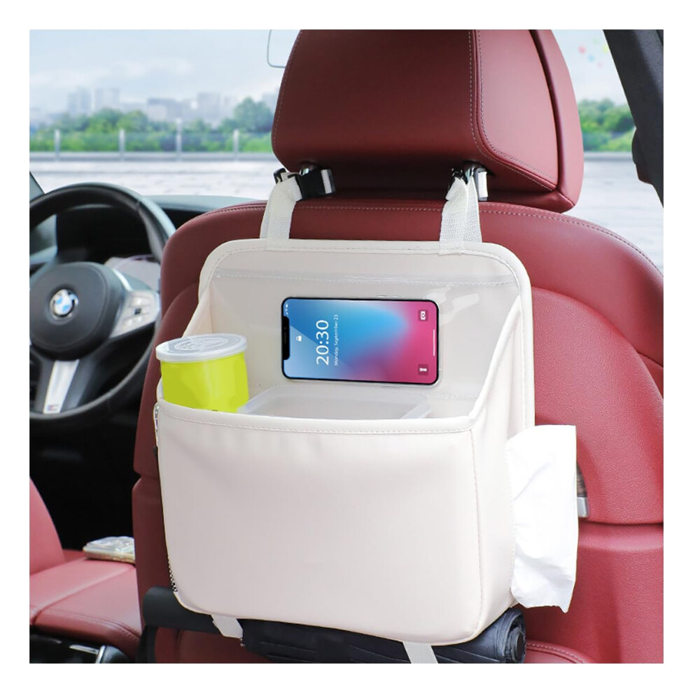 Car Back Seat Organizer Leather With Tissue Box Touchfriendly Pocket For Suv Sedan Truck Beige 9113335628717