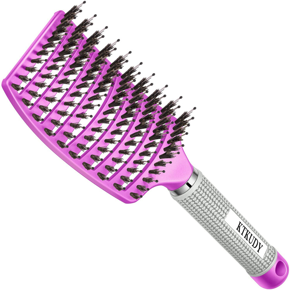 Purple Detangling Brush With Boar Bristles For Wet And Dry Hair, Pain Shine Boost Hair Brush