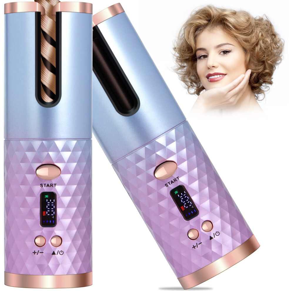 Cordless Automatic Hair Curler with Ceramic Barrel, USB Rechargeable Curling Iron with LCD Display and 6 Temp Timer Settings