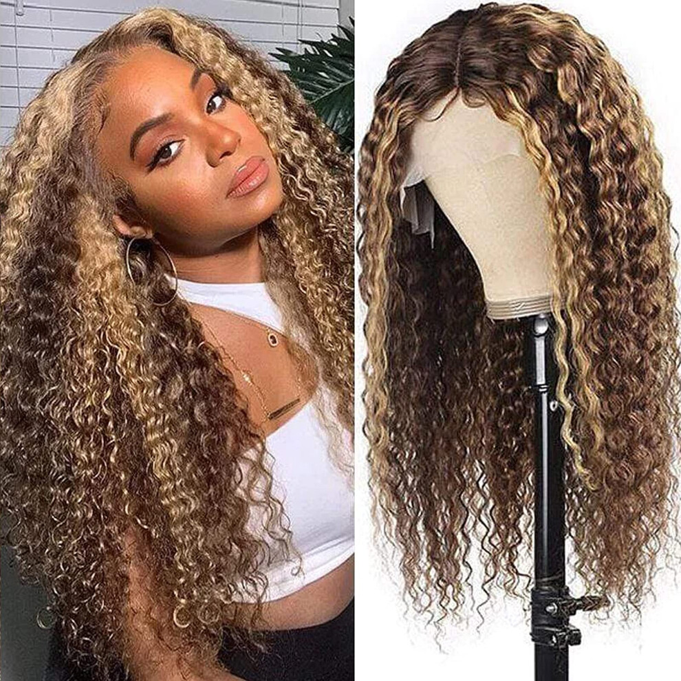 Unisex Honey Blonde Human Hair Wig 13X4 Transparent Lace Front Deep Wave P4/27 Highlight 180% Density Pre Plucked 20Inch