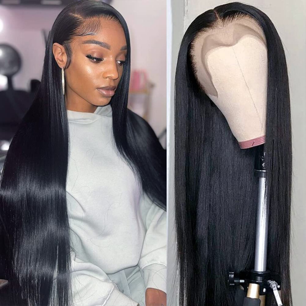Unisex 30 Inch Hd Transparent Lace Front Wig 13X4 Straight Brazilian Virgin Human Hair PreâPlucked Natural Hairline 180% Density For Women