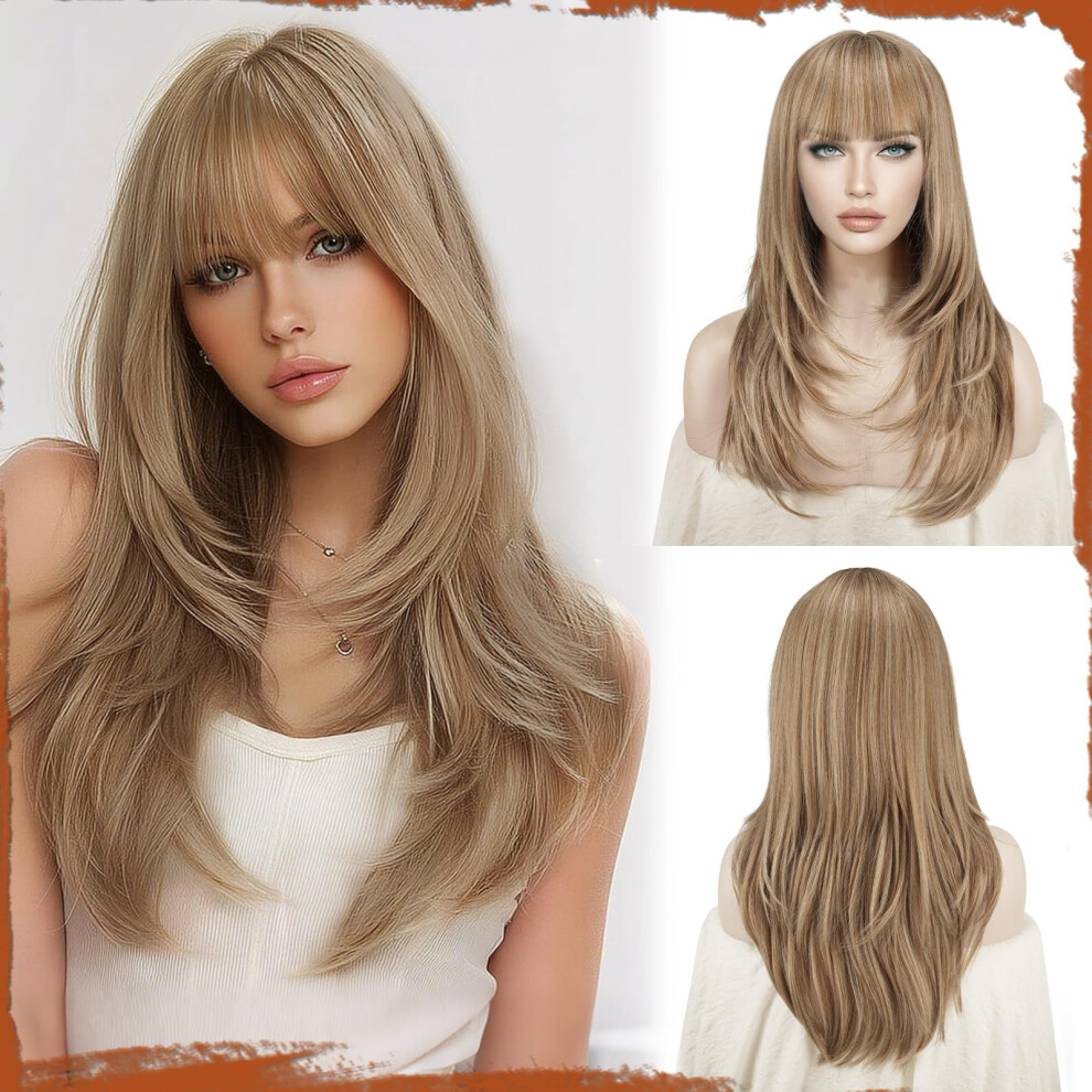 Unisex Blonde Wig For Women Long Wavy Layered Synthetic Hair With Bangs Heat Resistant Natural Look
