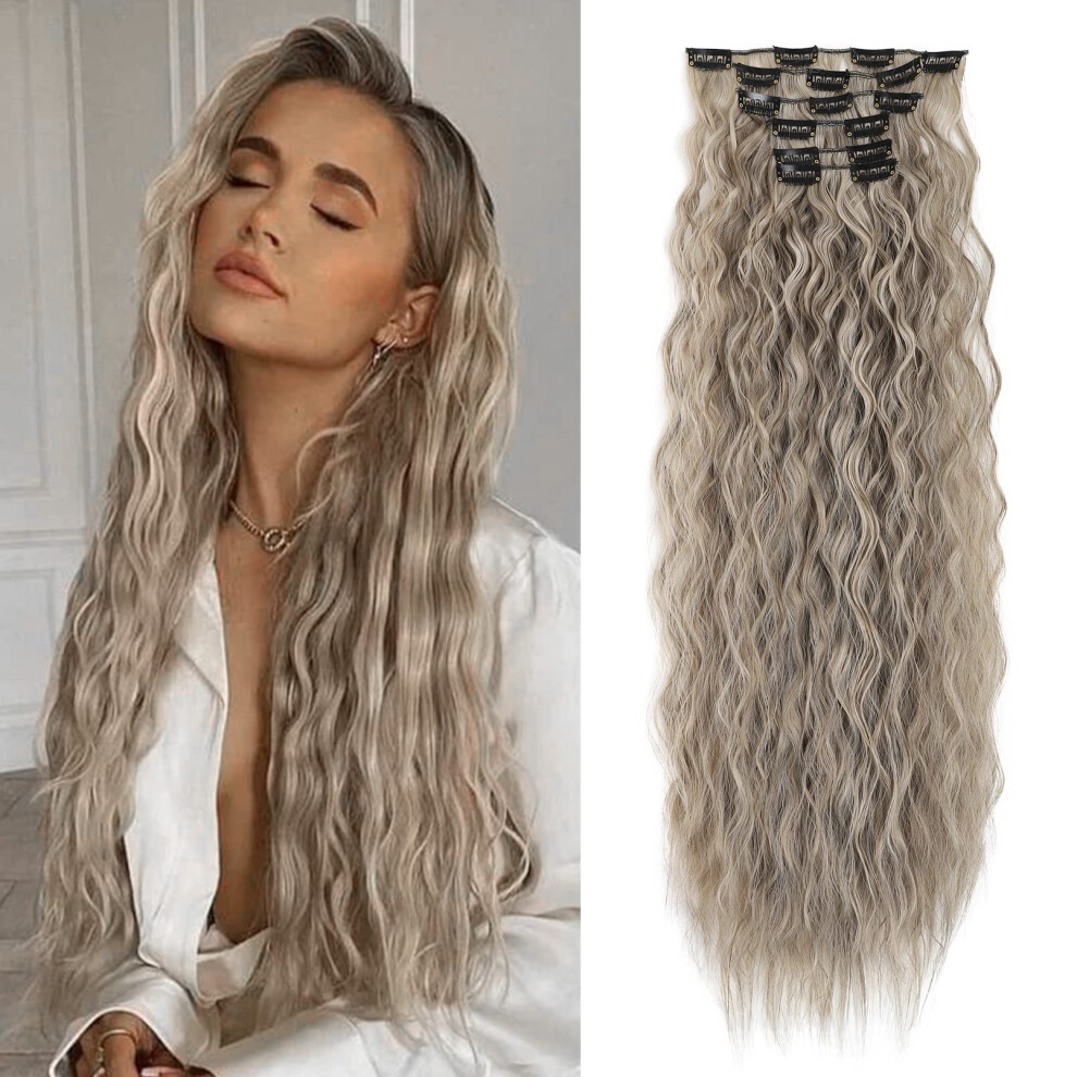 Unisex Brown Clip In Hair Extensions 24 Inch Long Wavy Balayage Ash Blonde Synthetic Hairpieces For Women
