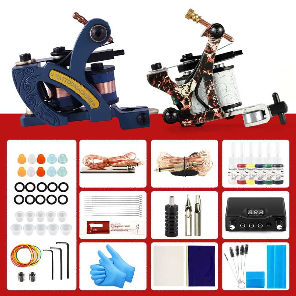 Tattoo Machine Kit 2Pcs Dual Setup Complete Tattoo Supplies with Power Supply and Inks for Artists