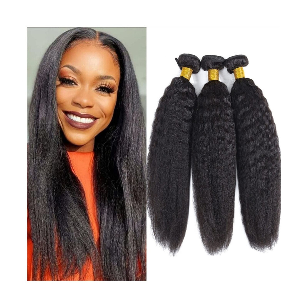 Unisex Black Peruvian Kinky Straight Human Hair Bundles Yaki Straight Virgin Hair Extensions Natural Remy Double Weft
