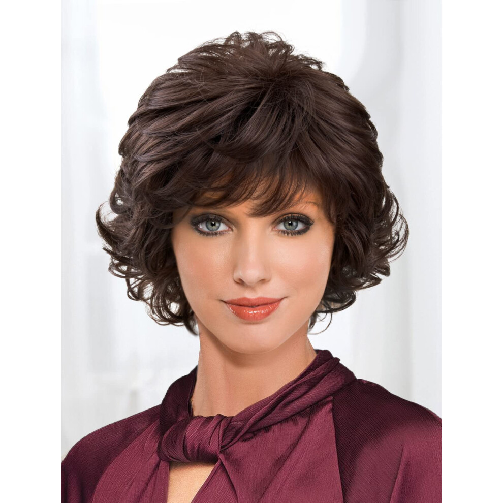 Unisex Brown Short Dark Wavy Wig With Bangs Layered Synthetic Hair Natural Fluffy Style For Women