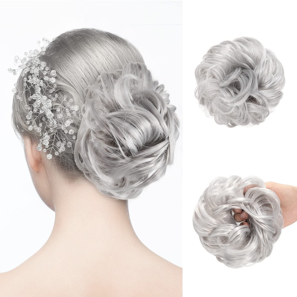 Grey Hair Bun Extension Messy Wavy Hair Piece for Women, Instant Volume Boost, Natural Look, 33g