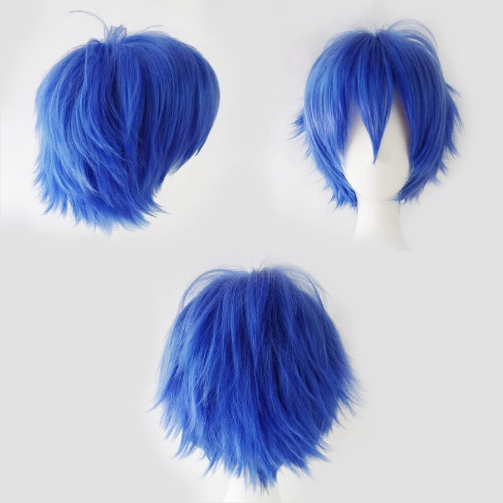 Anime Cosplay Wig Short Blue Layered Fluffy Heat Resistant Synthetic Hair with Adjustable Cap for Women Men Halloween Party