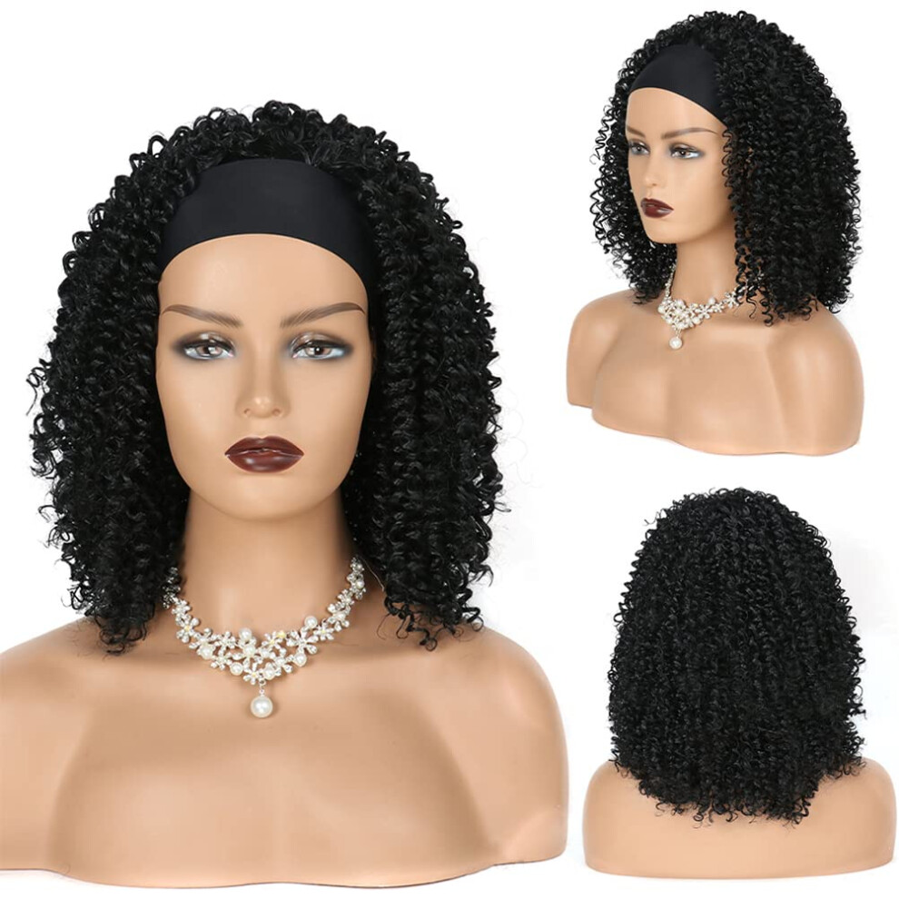 Unisex Black Long Curly Headband Wig For Women Glueless Easy Wear Natural Look, 16 Inch Synthetic Hair