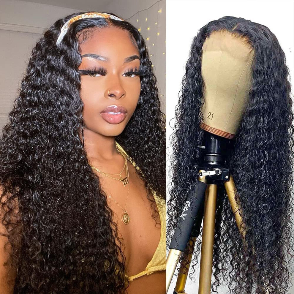 Unisex Black 28 Inch Curly Human Hair Lace Front Wig 9A Glueless Wet And Wavy Pre Plucked 4X4 Closure For Women 180% Density