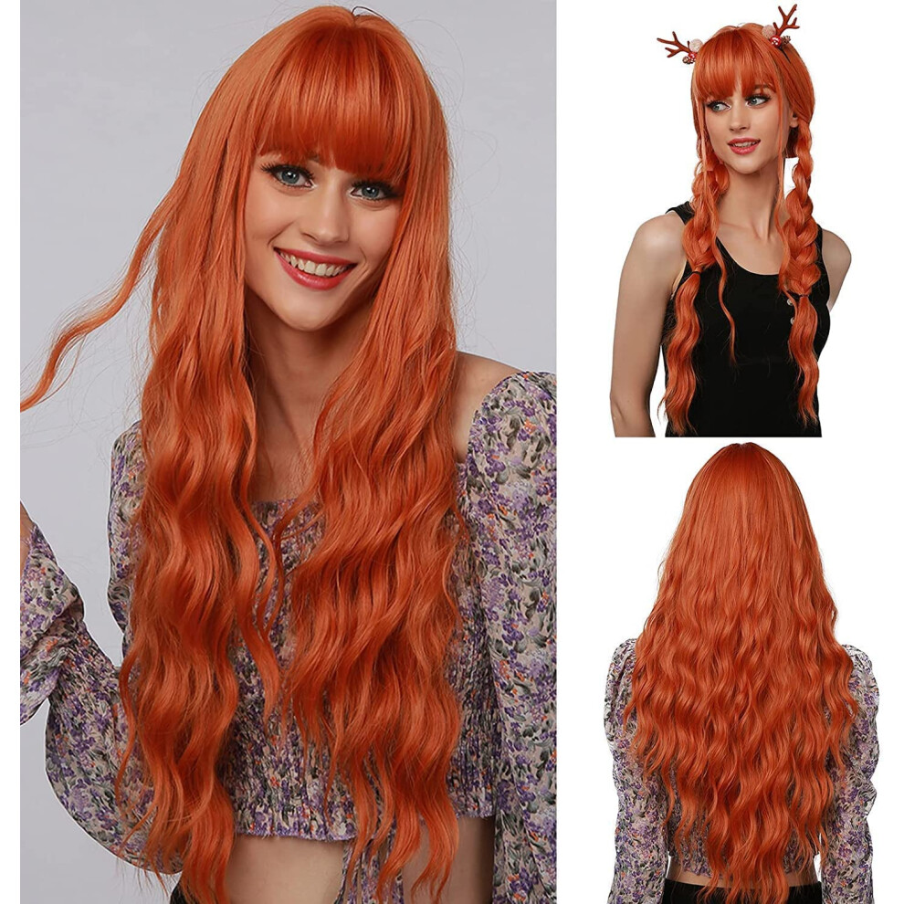 Unisex Orange Long Curly Synthetic Wig For Women Ginger Wavy Hair 26 Inch Heat Resistant With Natural Hairline