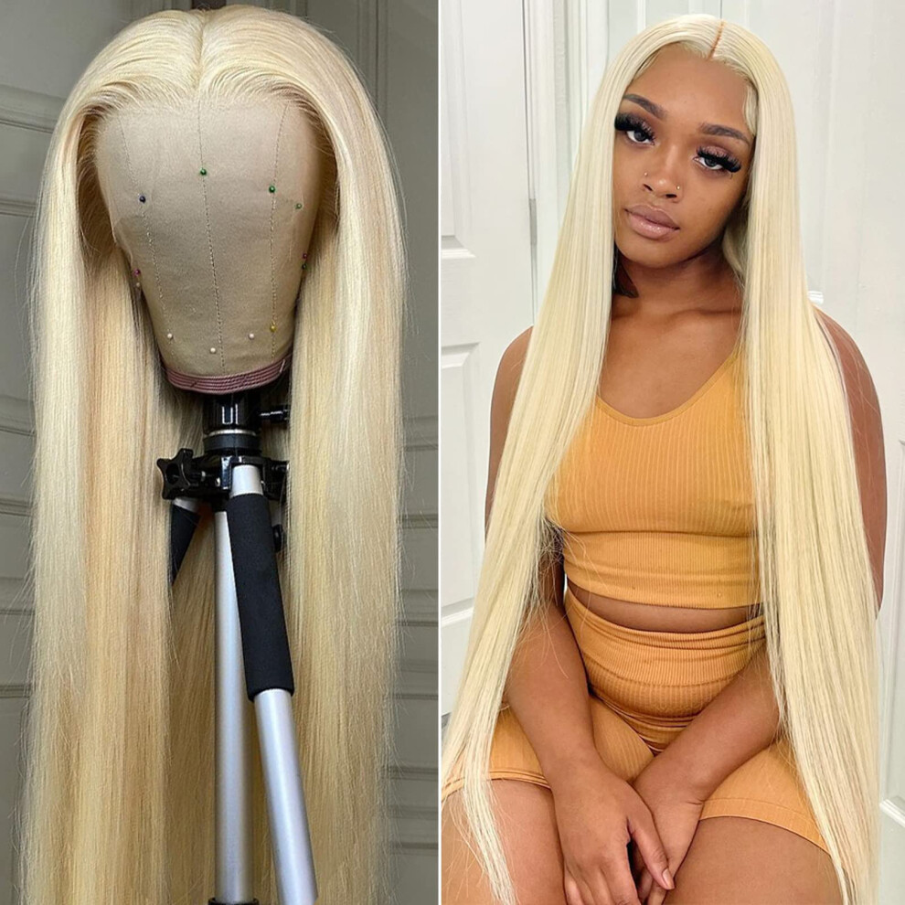 Unisex Black 613 Blonde Lace Front Wig Human Hair 13X4 Glueless Pre Plucked 26 Inch Straight 150 Density Natural Frontal Wig For Women