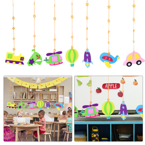 14Pcs Bright Felt Kids Classroom Hanging Decorations with Vehicles 2