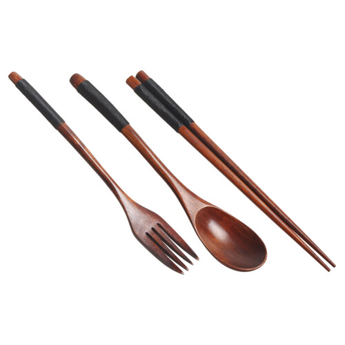 3 Sets Portable Camping Picnic Tableware Wooden Fork Spoon Chopsticks
