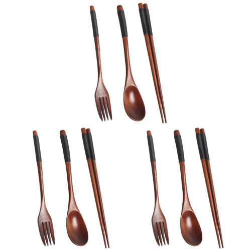 3 Sets Portable Camping Picnic Tableware Wooden Fork Spoon Chopsticks 2
