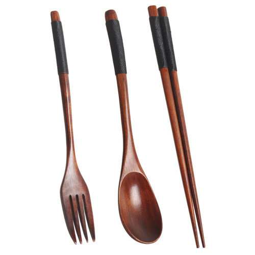 3 Sets Portable Camping Picnic Tableware Wooden Fork Spoon Chopsticks 1
