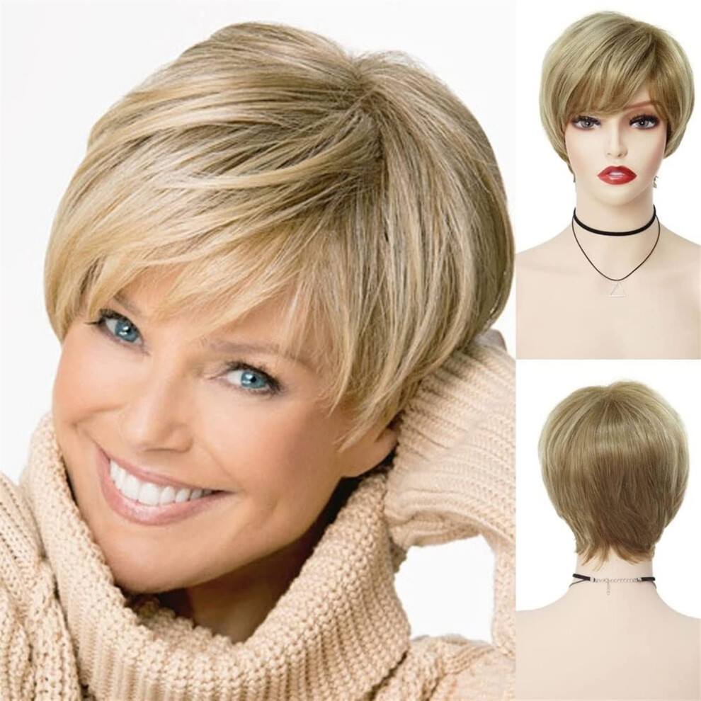 Unisex Red Short Blonde Synthetic Wig With Bangs For Women, HeatâResistant Fiber, Natural Hairline Auburn Blonde