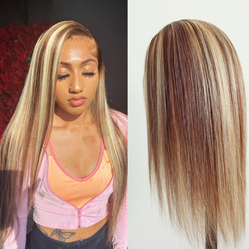 Unisex Black #4/613 Highlight Ombre Blonde Human Hair Lace Front Wig 18 Inch Straight Pre Plucked Glueless Brazilian Virgin Hair For Women