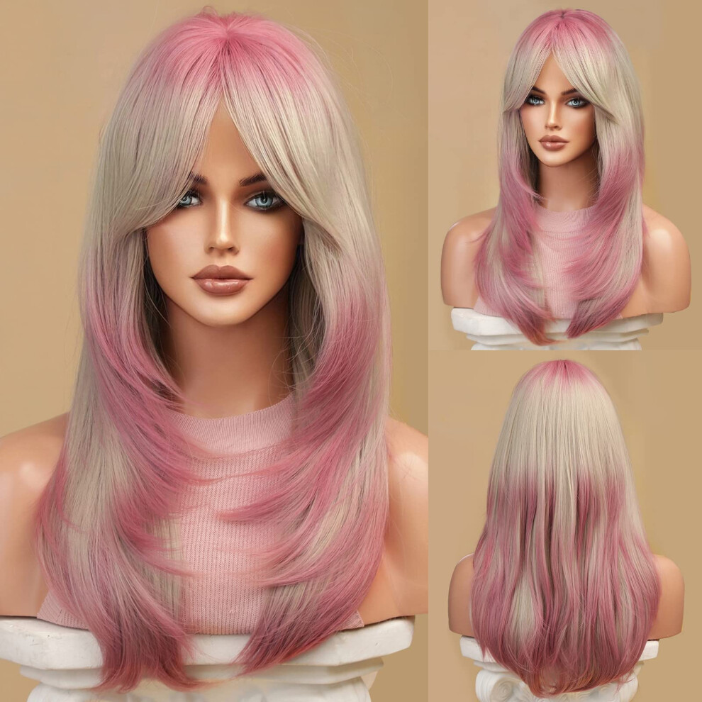 Unisex Pink Long Ombre Wig With Bangs For Women Girls, Layered Synthetic Hair, Vibrant Cosplay Style