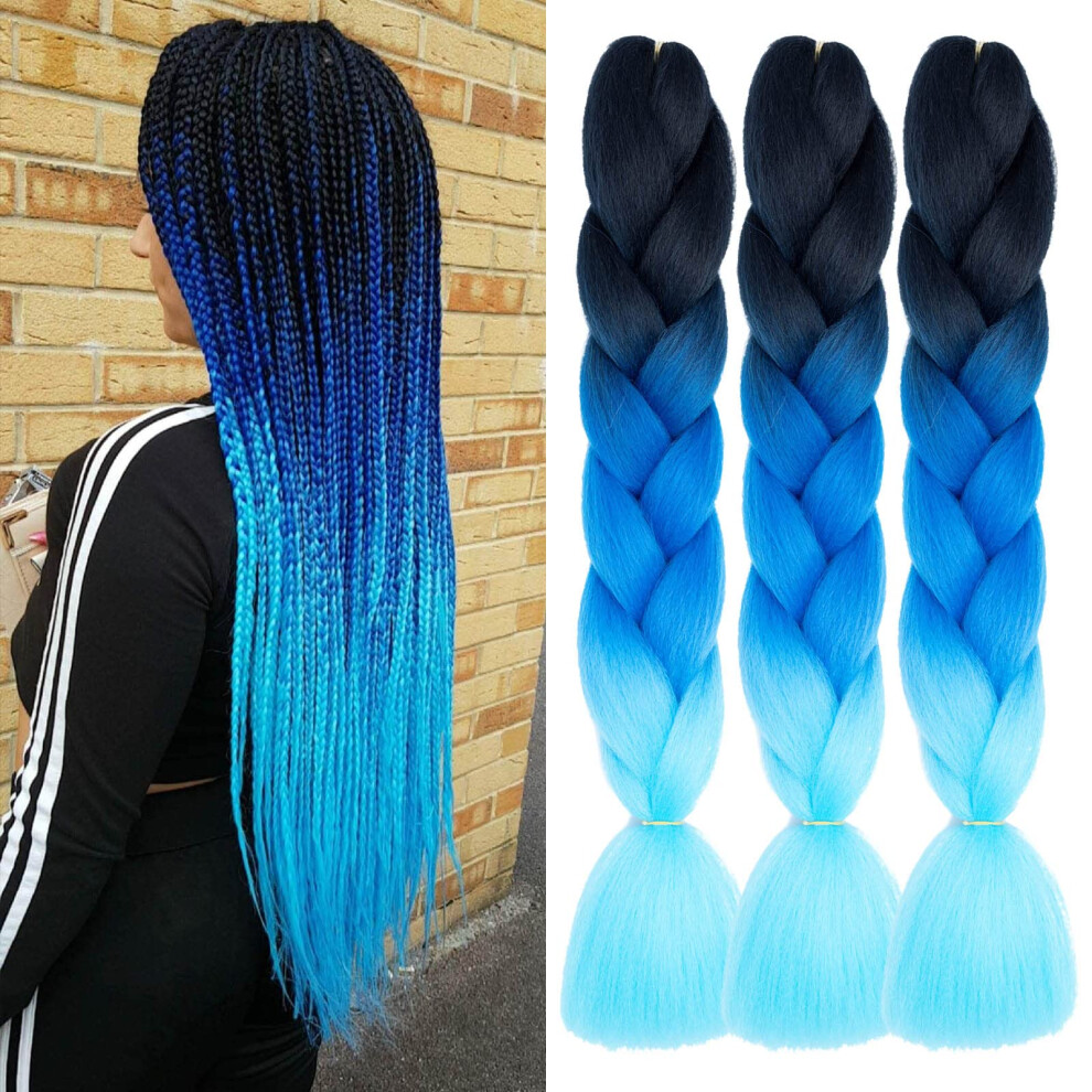Ombre Jumbo Braiding Hair 24 Inch 3 Tone Synthetic Hair Extensions for Box Braids, Soft Silky Tangle (3 Packs BlackDark BlueLight Blue)