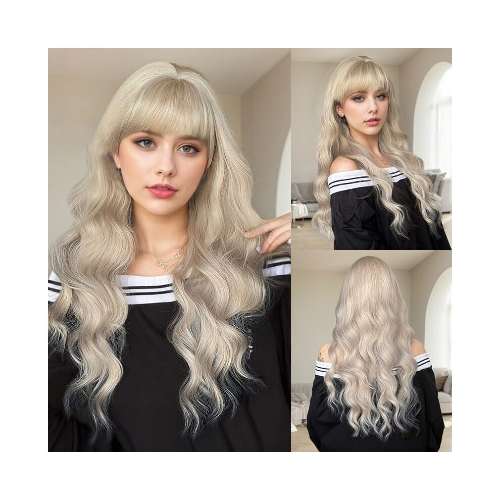 Unisex Dark Blonde Human Hair Wig With Bangs 22 Inch Long Wavy Roots Glueless Heat Styling Ready