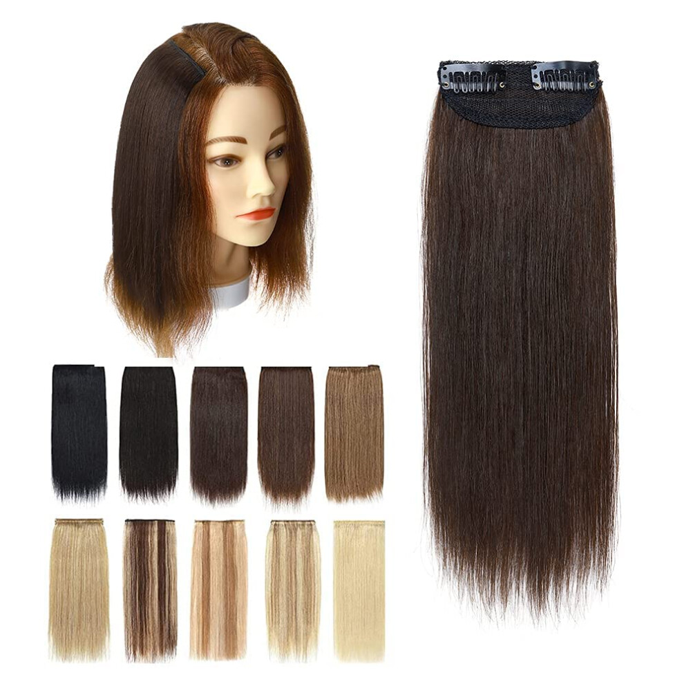 Unisex Brown 2Pcs Invisible Clip In Hair Extensions Real Human Hair Topper For Thinning Hair Dark