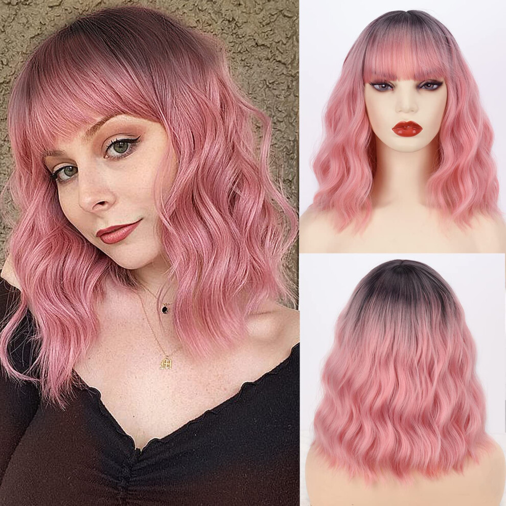 Unisex Pink Ombre Bob Wig For Women Short Wavy Synthetic Wig With Bangs Readytowear For Cosplay