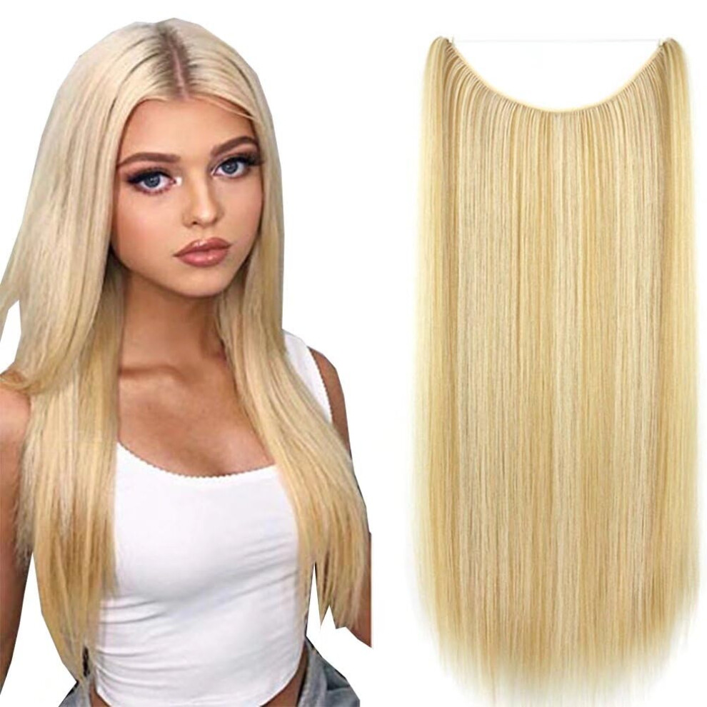 Unisex Light Blonde Halo Hair Extensions 22 Inch Â Invisible Wire, Heat Resistant Synthetic Straight Hair For Women