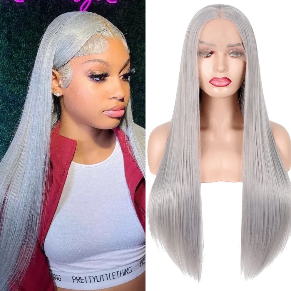Unisex Silver,Grey Long Straight Ash Blonde Lace Front Wig Â Grey Silver Synthetic Hair With Natural Hairline For Women