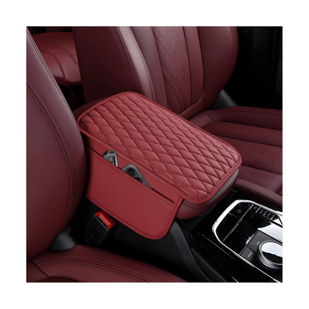 Car Center Console Cover Waterproof Leather Armrest Protector With Storage Pockets Universal Red 9070919837777