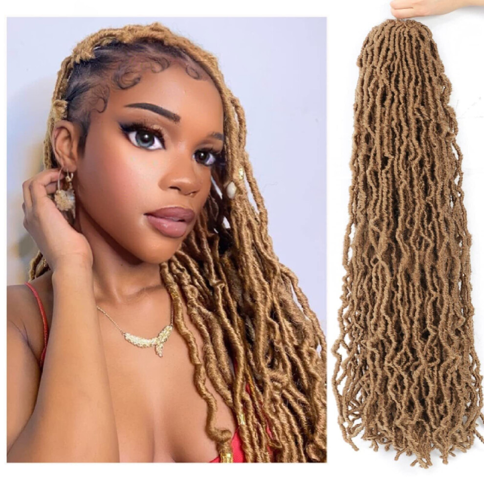 Unisex Brown 36 Inch Ombre Pre Looped Faux Locs Crochet Braids With Curly Wavy Ends Goddess Locs Hair Extensions For Women
