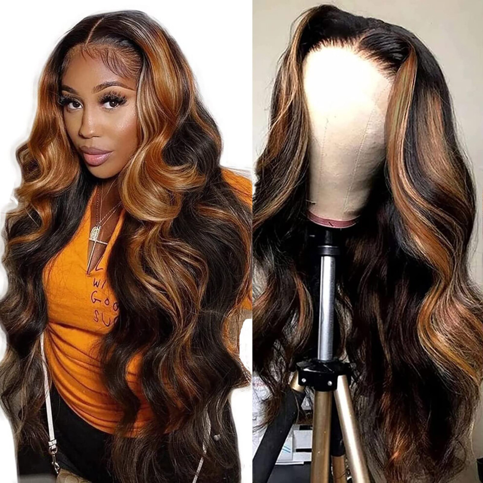 Unisex Human Hair Lace Front Wig 13X4 Ombre Body Wave 28 Inch Honey Blonde Pre Plucked Bleached Knots 230% Density