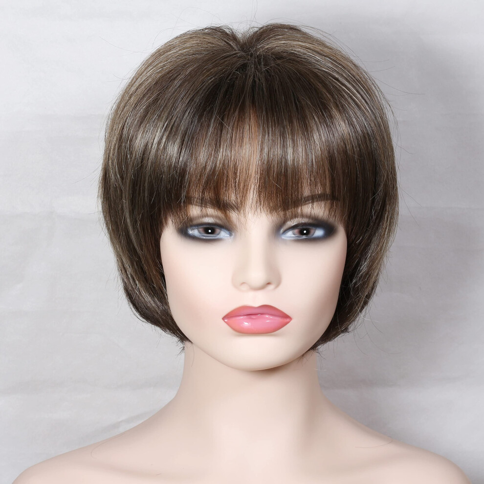 Unisex Brown Dark Blonde Highlight Short Pixie Wig With Bangs For Women, Layered Straight Synthetic Bob Style