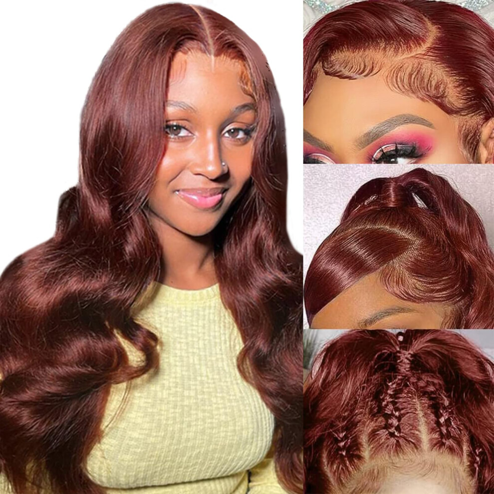 Unisex Brown Reddish 13X4 Human Hair Lace Front Wig, 26 Inch Body Wave, Pre Plucked Glueless Natural Hairline