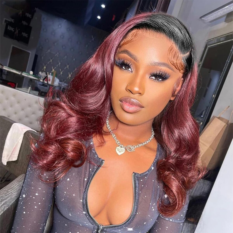 Unisex Red 13X4 Hd Transparent Lace Front Body Wave Wig 1B/99J Ombre Burgundy Brazilian Human Hair Preplucked Natural Hairline 26 Inch