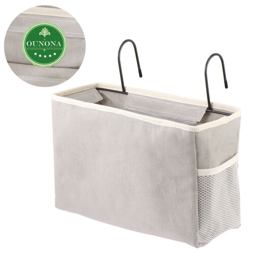 2Pcs Hanging Bedside Storage Bags Light Grey Fabric Organizer 1