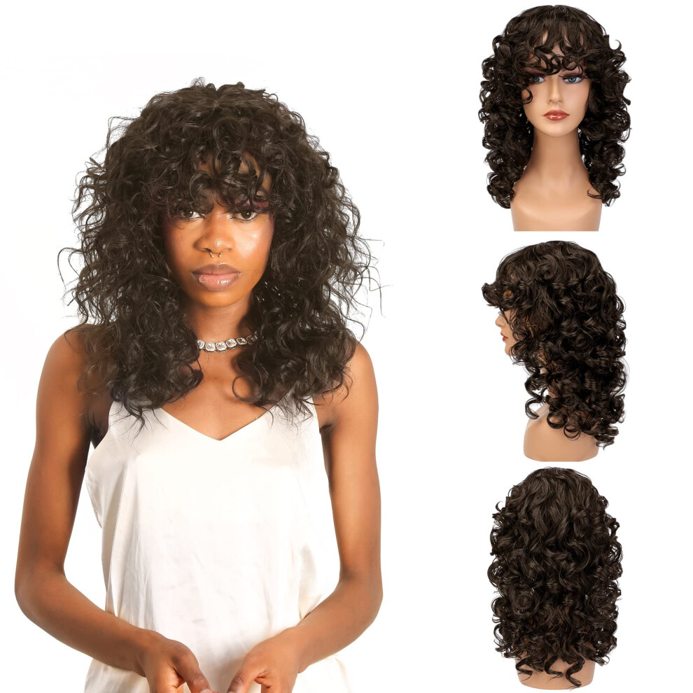 Unisex Brown Long Curly Wig With Bangs For Women, Synthetic Hair Blend, HeatâStyle Ready, TangleâResistant