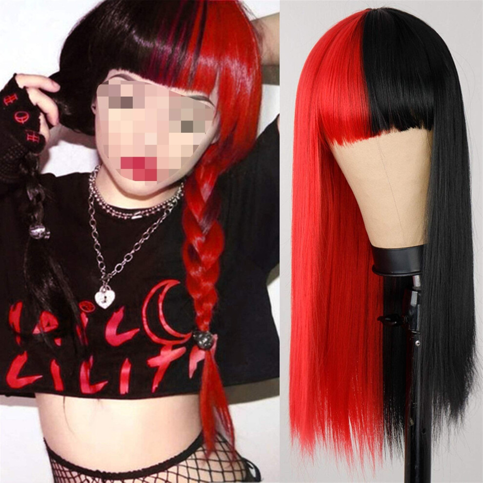 Unisex Red Wine Wig For Women Long Straight 26 Inch Heat Resistant Synthetic Wig With Bangs