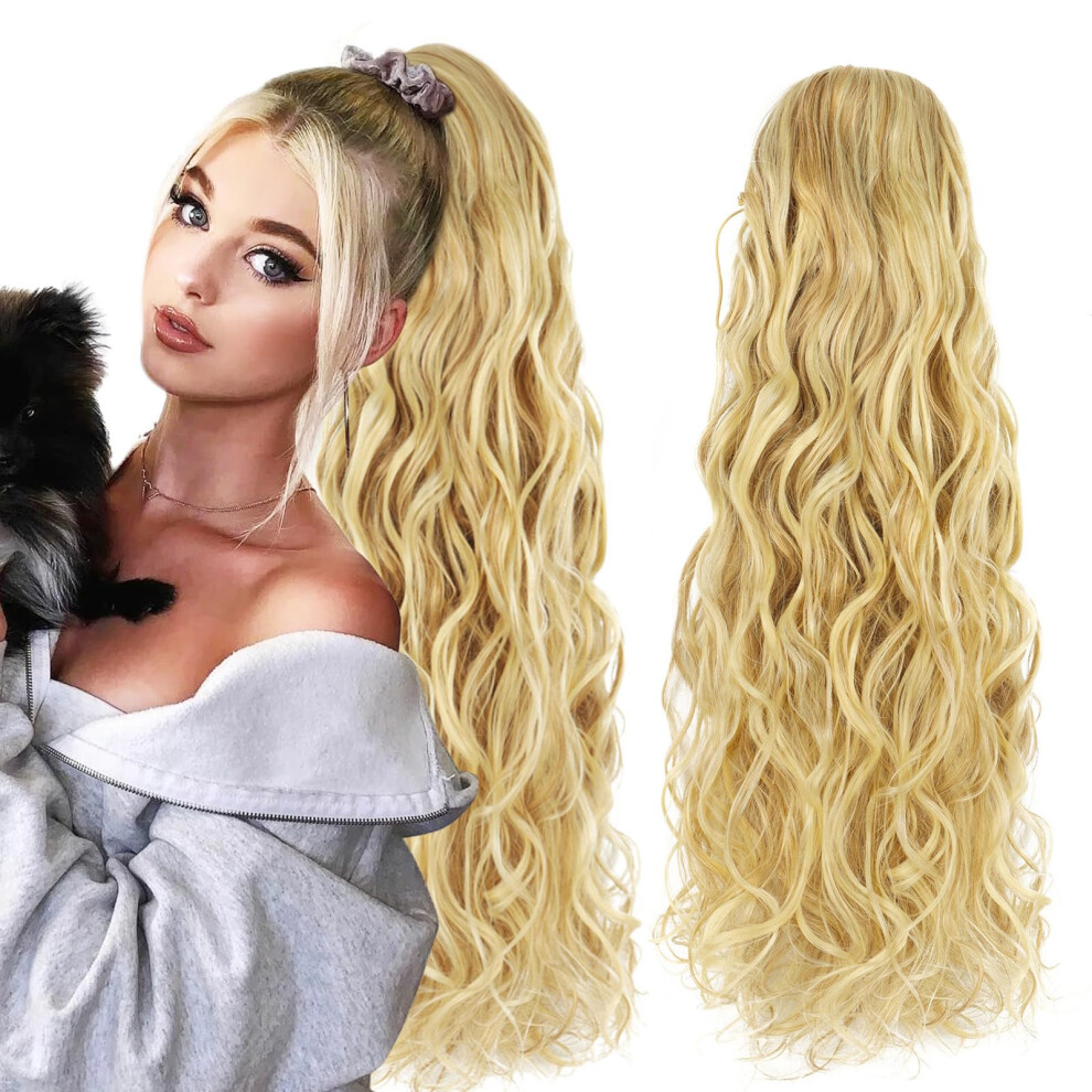 26 Inch Curly Ponytail Extension Human Hair Natural Feel Clip In Drawstring Ash Blonde Mix