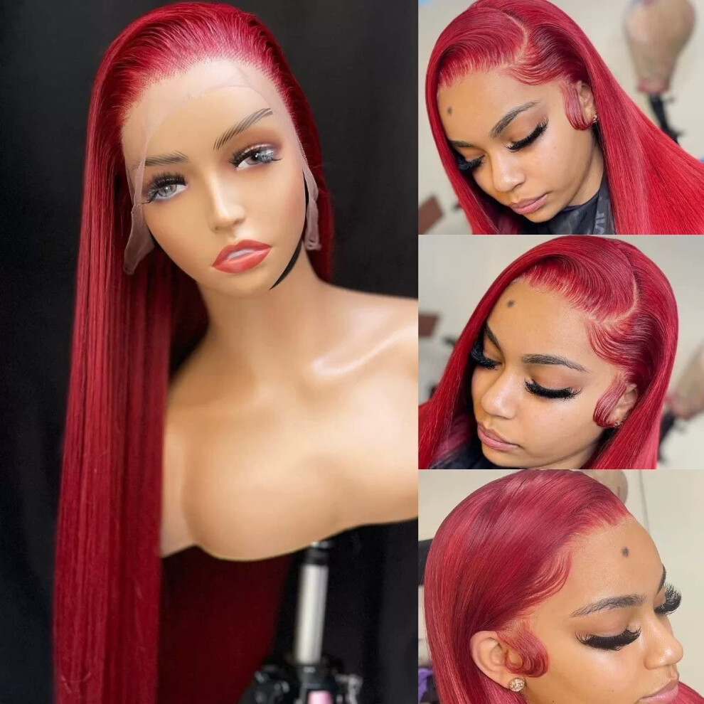 Unisex Red 99J Burgundy 13X4 Hd Lace Front Wig Human Hair, Pre Plucked Hairline, Brazilian Straight 20 Inch
