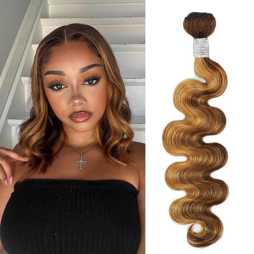 Unisex Brazilian Body Wave Hair Bundles 14 Inch P4/27 Honey Blonde Highlight Virgin Human Hair