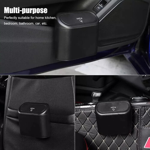 Car Trash Can with Lid, Compact Hanging Durable Vehicle Interior Garbage Bin Black 2