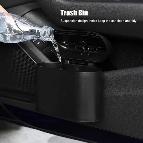 Car Trash Can with Lid, Compact Hanging Durable Vehicle Interior Garbage Bin Black 1